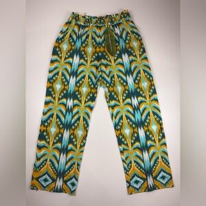 Farm Rio Wide Leg Linen Blend Ikat Pants High Rise Boho Resort Indie Colorful M